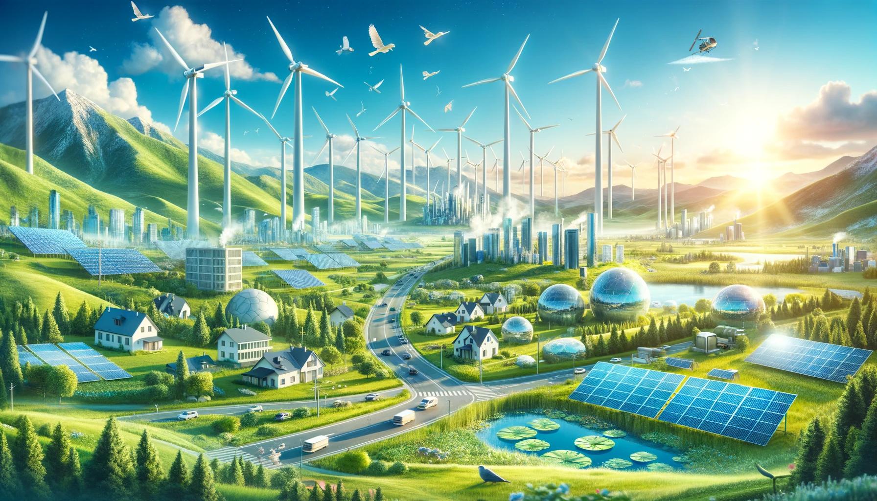 Paisagem futurista e sustentável que representa ações que transformam o mundo. A cena inclui turbinas eólicas, painéis solares, domos ecológicos e vegetação abundante. Pequenas casas estão integradas ao ambiente natural, enquanto uma cidade ao fundo utiliza tecnologias verdes. O sol brilha ao horizonte, simbolizando esperança e inovação.