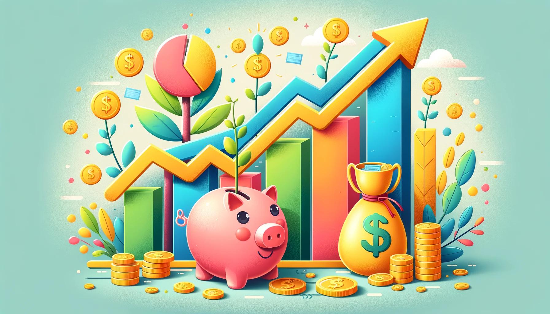 Gráficos, dinheiro e um porquinho para representar captação de recursos