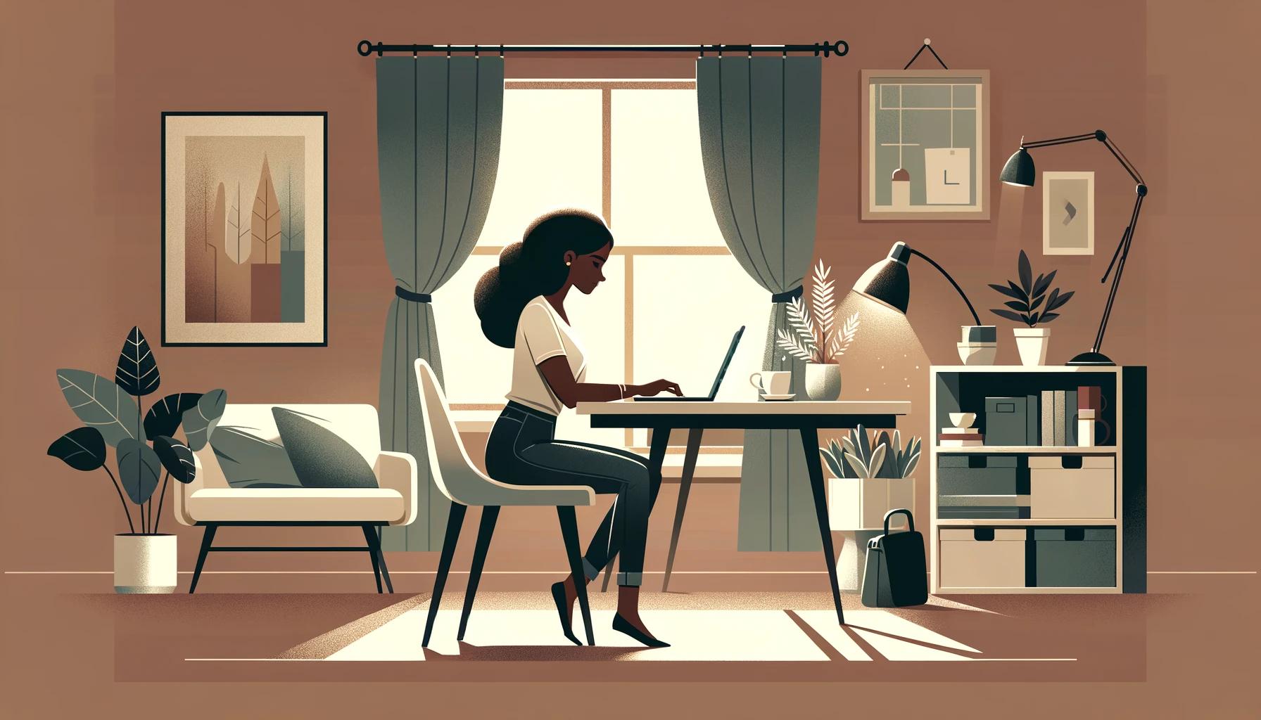 Mulher trabalhando como freelancer em home office, sentada à mesa com um laptop. O ambiente é aconchegante e bem decorado, com plantas, luminária, móveis modernos e luz natural entrando pela janela com cortinas. A cena transmite foco e produtividade em um espaço harmonioso.