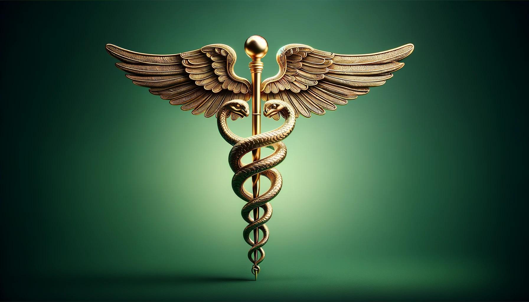 Caduceu de Hermes dourado, símbolo da contabilidade, em um fundo verde