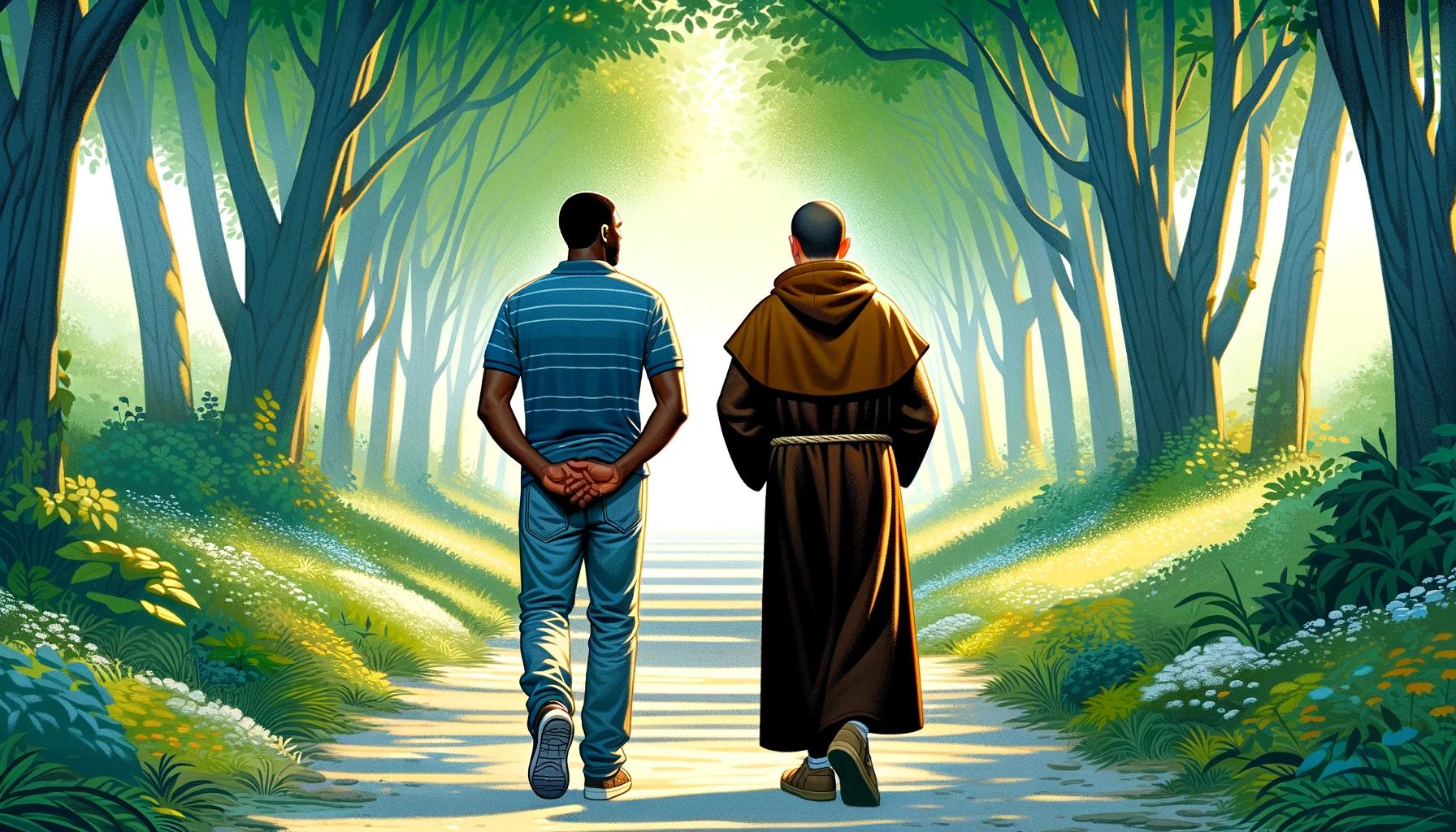 Imagem retrata o monge Simeão e John Daily, personagens centrais de "O monge e o executivo", andando em um caminho arborizado,