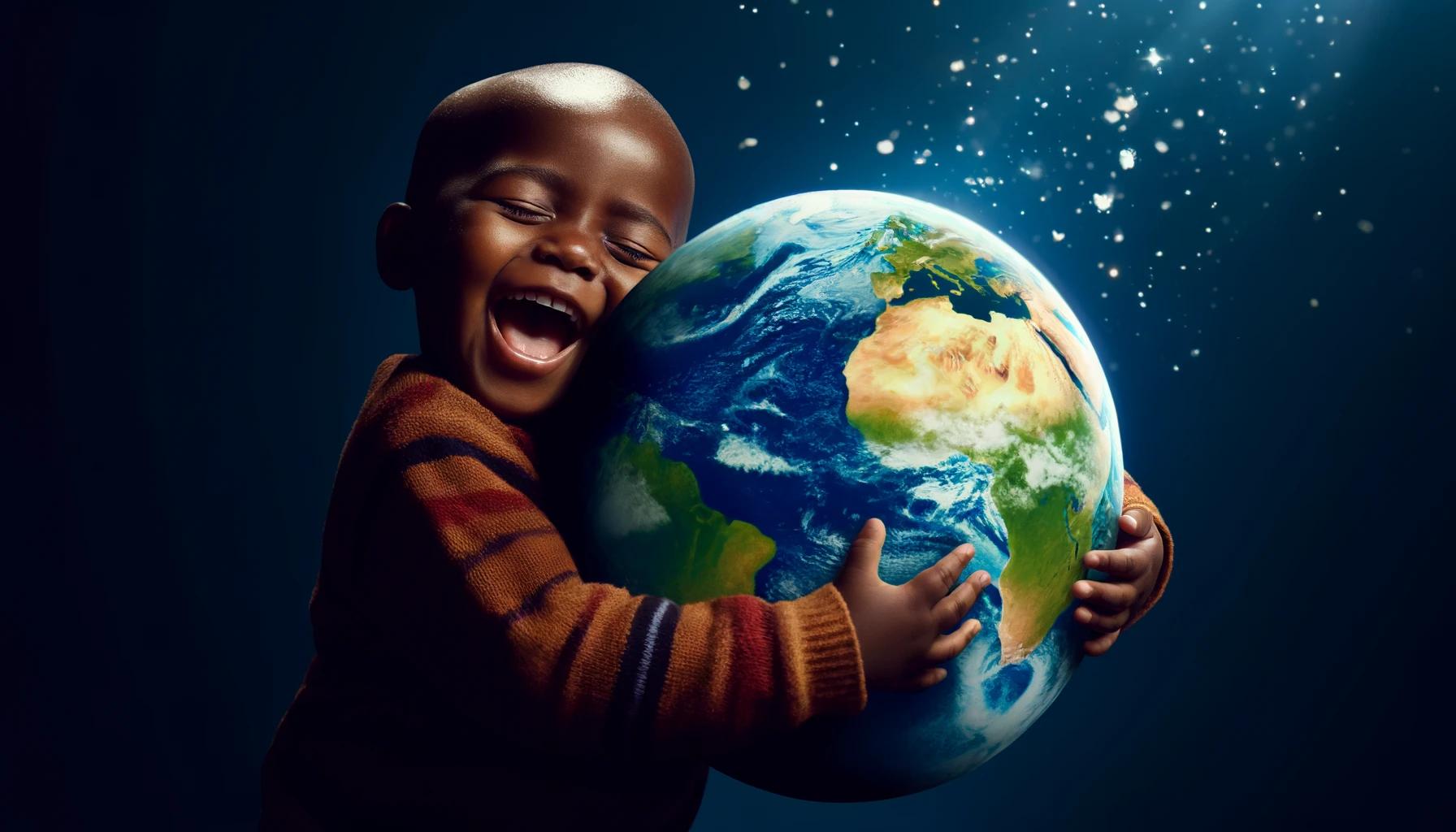 Criança negra abraçando um globo terrestre