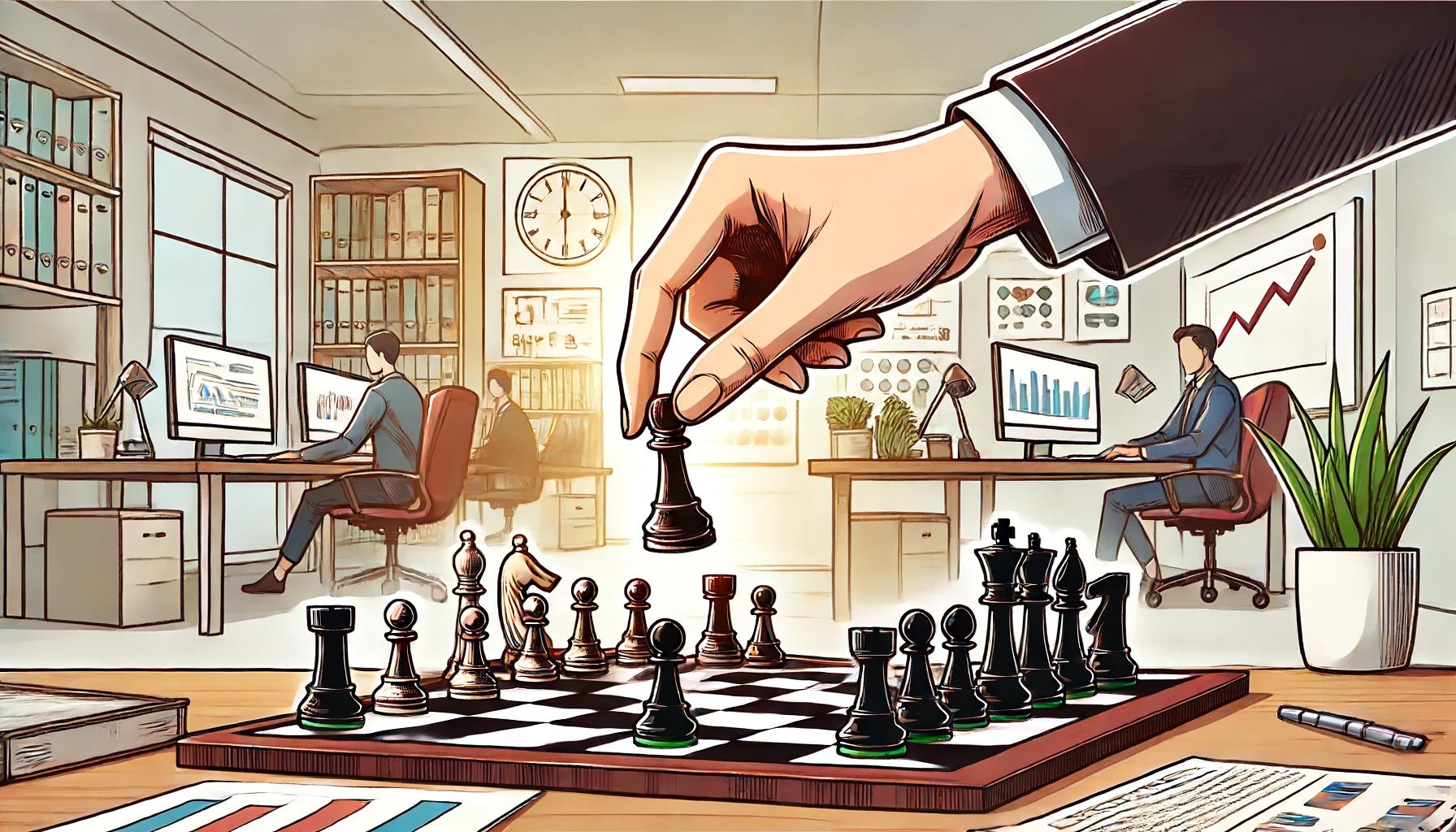 Um tabuleiro de xadrez em uma mesa de escritório, com uma mão mexendo uma peça, representando gestão estratégica de negócios