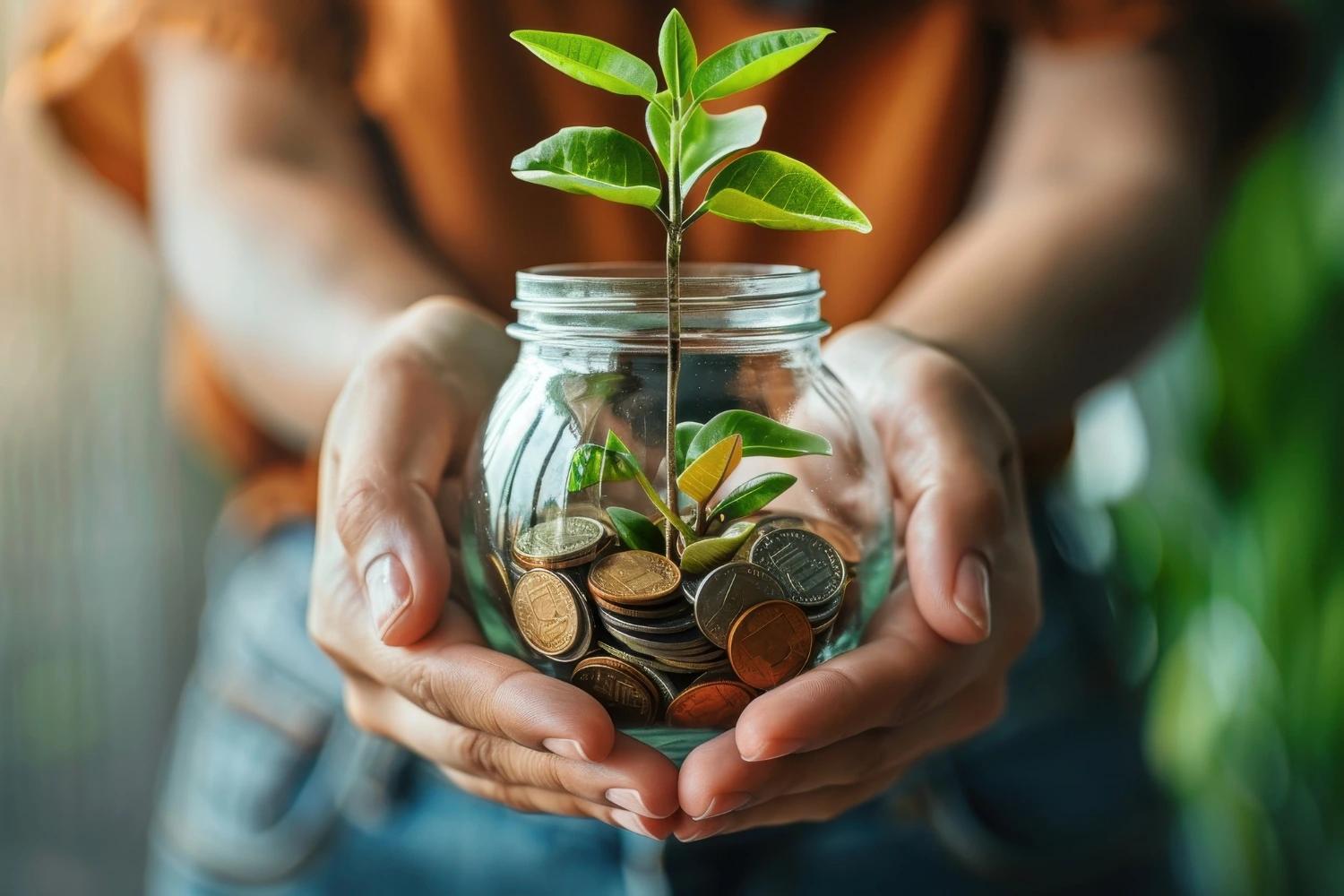 Mãos segurando pote com moedas e planta crescendo, simbolizando investimento sustentável e os princípios da economia verde para unir desenvolvimento econômico e preservação ambiental.
