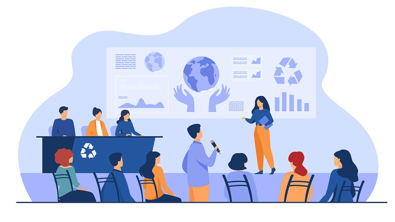 Desenho com pessoas ao redor de uma mulher que está apresentando uma palestra sobre sustentabilidade.