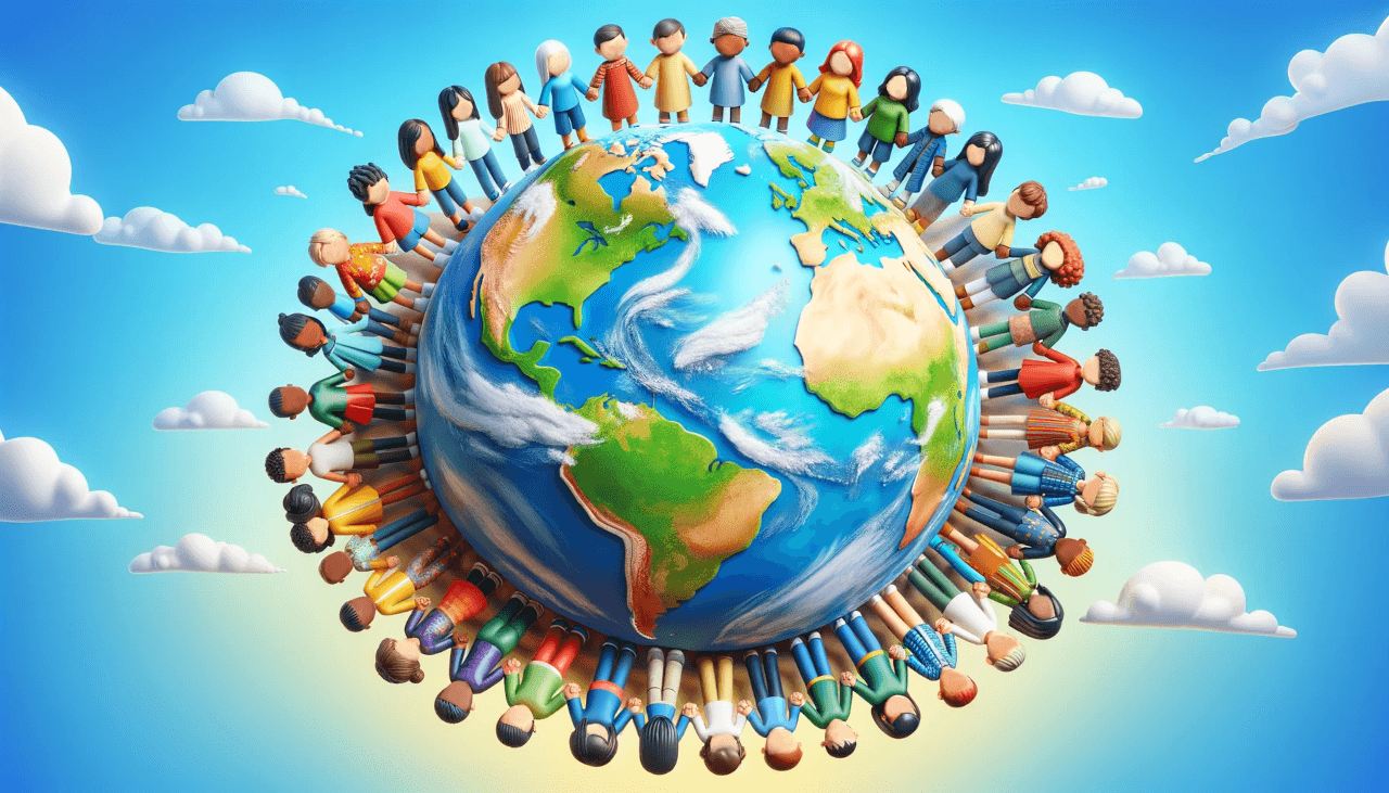 Representação do pilar social do ESG: um globo terrestre cercado por figuras diversas de pessoas de mãos dadas, simbolizando inclusão, diversidade e união. O fundo tem um céu azul com nuvens, reforçando um tom otimista e colaborativo.