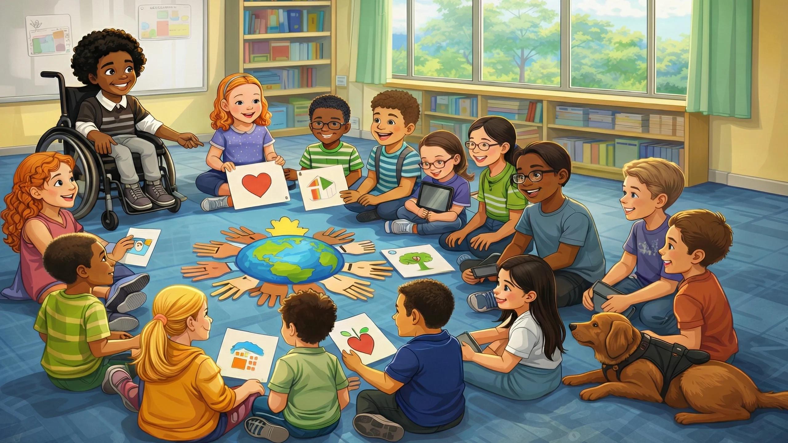 Uma imagem ilustrada mostrando uma sala de aula inclusiva com estudantes de diferentes origens e um aluno cadeirante participando de atividade coletiva, representando o papel da educação na inclusão social. Desenho gerado por IA.